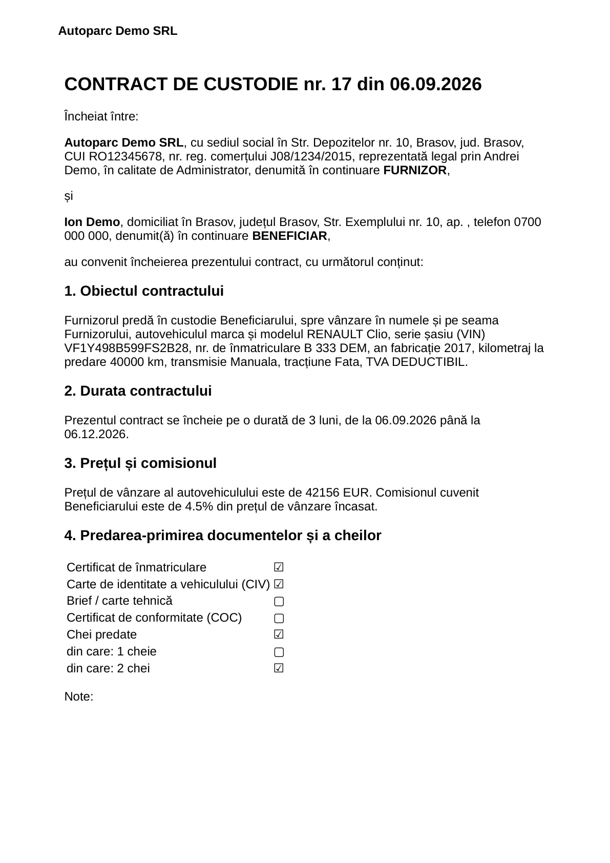 Prima pagina a unui contract de custodie generat de eParc